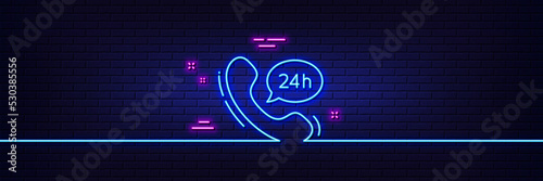 Neon light glow effect. 24 hour service line icon. Call support sign. Feedback chat symbol. 3d line neon glow icon. Brick wall banner. 24h service outline. Vector