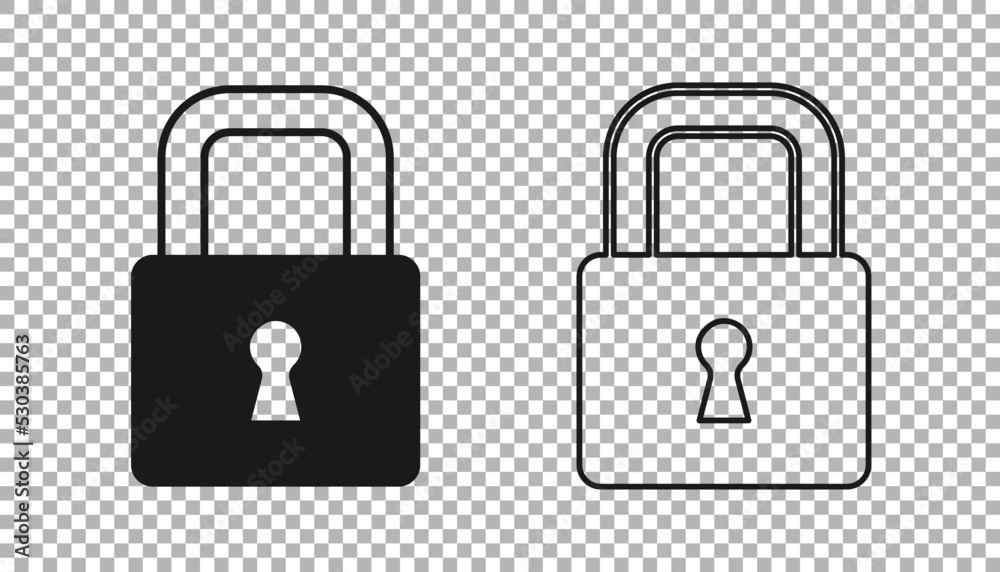 Black Lock icon isolated on transparent background. Padlock sign. Security, safety, protection, privacy concept. Vector Black Lock icon isolated on transparent background. Padlock sign. Security, safety, protection, privacy concept. Vector