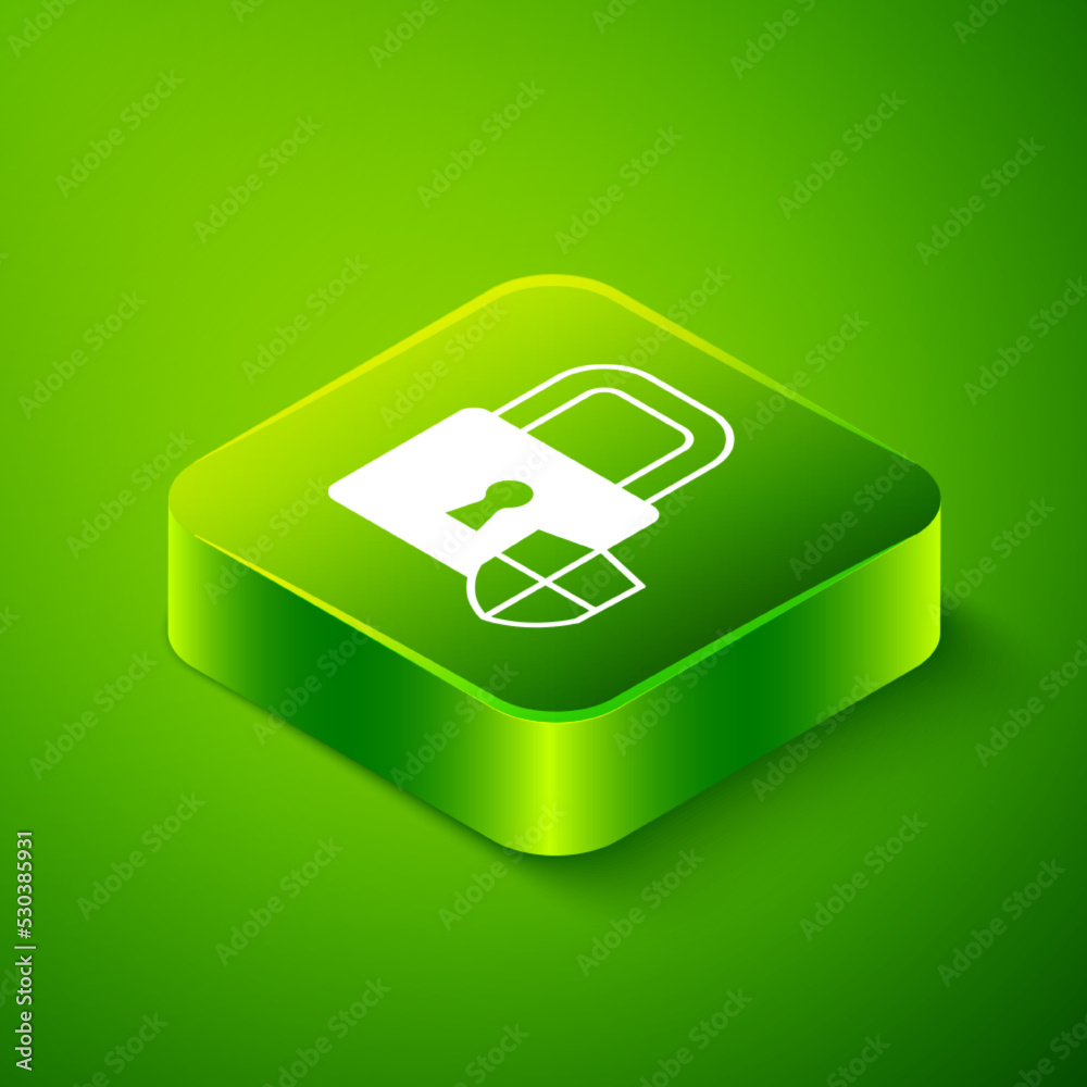 Isometric Shield security with lock icon isolated on green background. Protection, safety, password security. Firewall access privacy sign. Green square button. Vector
