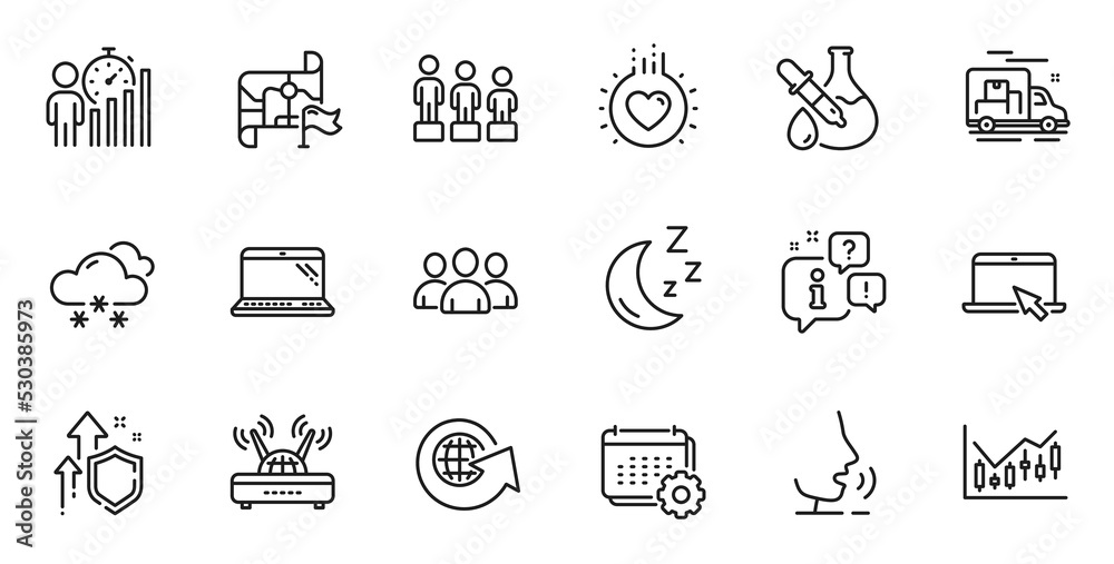 Outline set of Destination flag, Laptop and Love line icons for web application. Talk, information, delivery truck outline icon. Vector