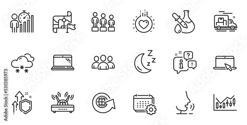 Outline set of Destination flag, Laptop and Love line icons for web application. Talk, information, delivery truck outline icon. Vector