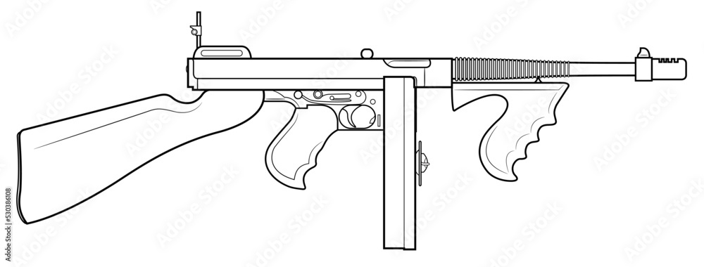 Vector illustration of the Thompson M1921 submachine gun with round magazine and front foregrip on the white background.