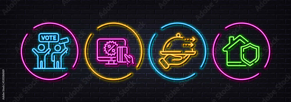 Food delivery, Voting campaign and Online shopping minimal line icons. Neon laser 3d lights. Home insurance icons. For web, application, printing. Restaurant plate, People rally, Black friday. Vector