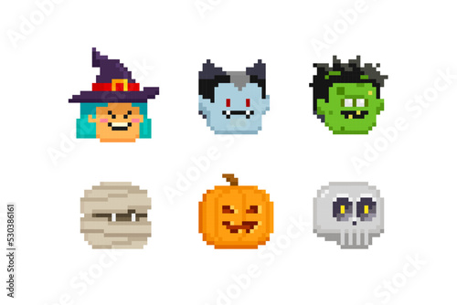 Witch, Mummy, Vampire, Skull and Zombie in pixel art game style. Pixel witch head. 8-bit skull and pumpkin head. Retro game style Happy halloween vector collection. Funny halloween characters © VRTX