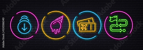 Scroll down, Ice cream and Boarding pass minimal line icons. Neon laser 3d lights. Travel path icons. For web, application, printing. Swipe screen, Sundae cone, Flight ticket. Flag pointer. Vector