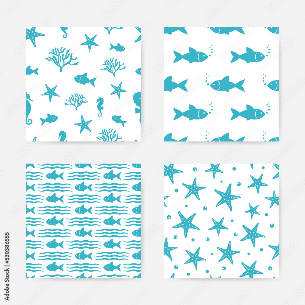 Obraz premium Sea animals seamless patterns collection. Marine backgrounds.