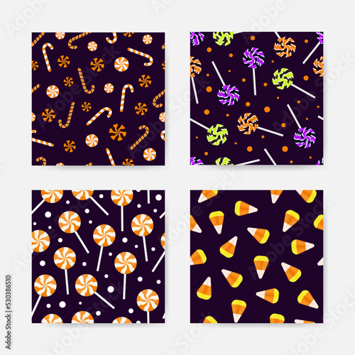 Halloween sweets, candies, lollipops, candy corn collection of seamless patterns