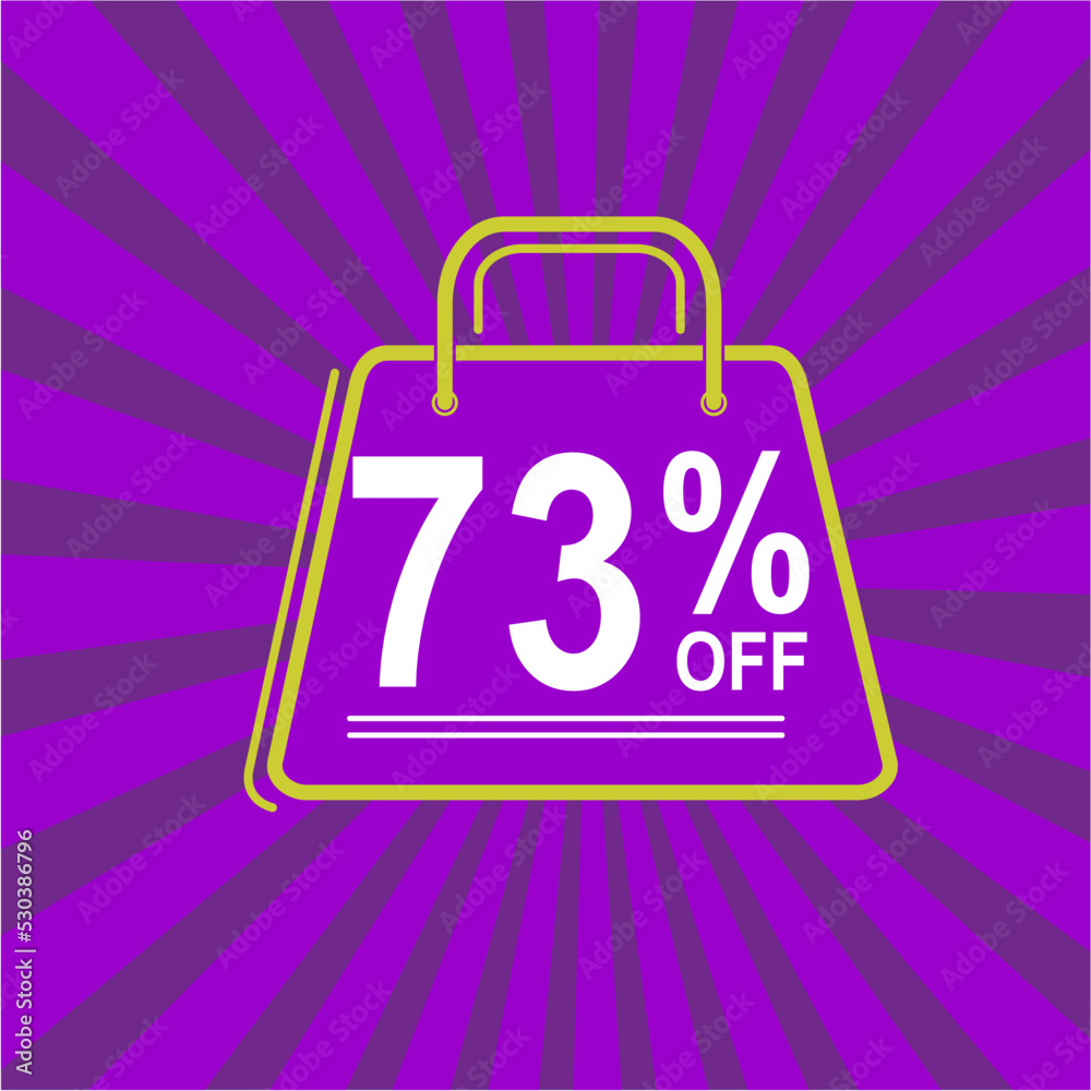 73% off. Purple, white and yellow banner with seventy three percent discount. Shopping bag concept. 73% off. Purple, white and yellow banner with seventy three percent discount. Shopping bag concept.