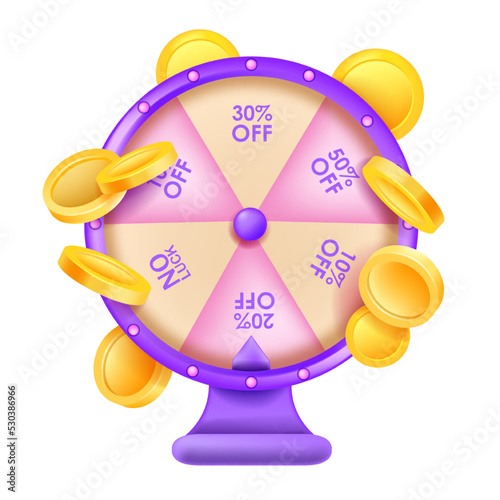 Fortune wheel game, special gift offer roulette clipart, 3D spin vector banner, flying golden coins. Success discount concept lucky round casino game, business shopping sale promo. Fortune wheel prize