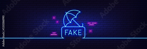 Neon light glow effect. Fake news line icon. Protection from propaganda sign. Umbrella protect symbol. 3d line neon glow icon. Brick wall banner. Fake news outline. Vector