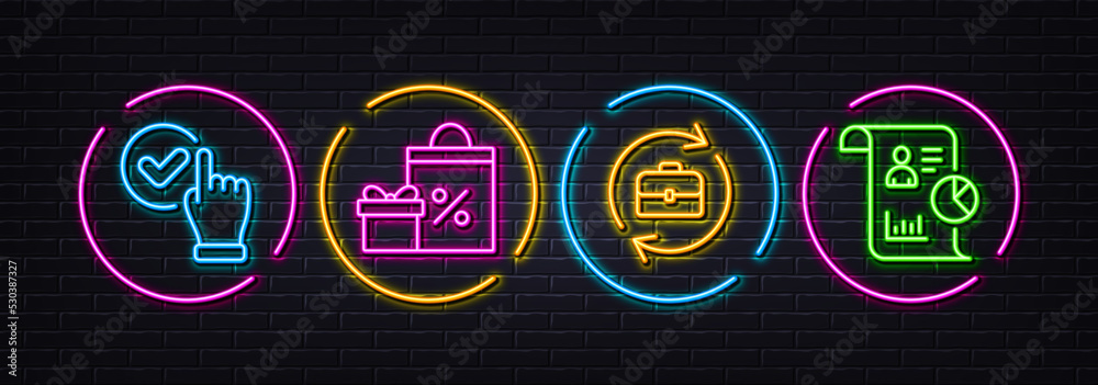 Shopping, Checkbox and Human resources minimal line icons. Neon laser 3d lights. Report icons. For web, application, printing. Gifts and sales, Confirmed, Job recruitment. Work statistics. Vector