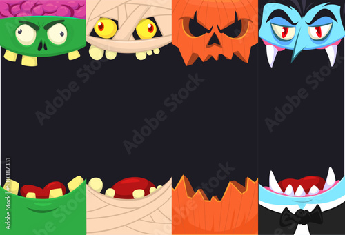 Halloween funny faces set of four characters. Cartoon heads of grim reaper, pumpkin Jack o lntern zombie, vampire and mummy. Vector illustration isolated. Party decoration design