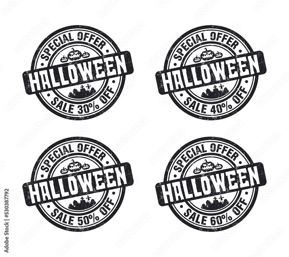 Halloween sale black grunge stamp set. Special offer sale 30, 40, 50, 60 percent off