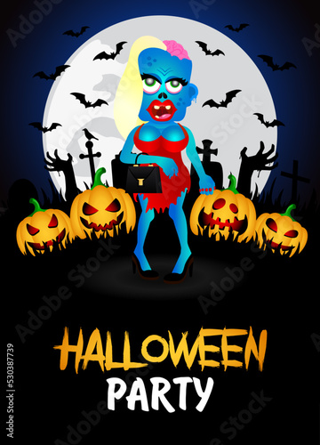 Halloween party banner. Poster with zombie girl in the cemetery and funny pumpkins