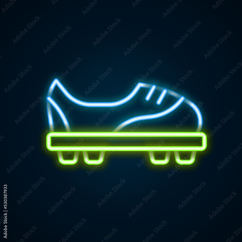 Glowing neon line Football shoes icon isolated on black background. Soccer boots. Sport football foot protection. Colorful outline concept. Vector