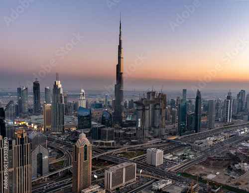 Aerial sunset view of Dubai Skyline Burj Khalifa