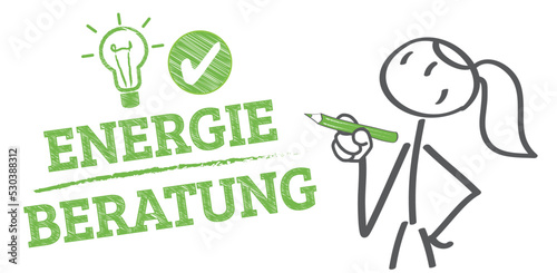 Energieberaterin schreibt auf Tafel das Wort ENERGIEBERATUNG - deutscher Text