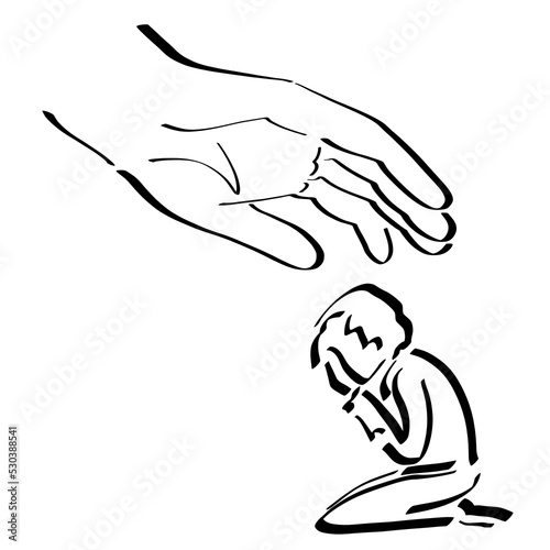 man cries and prays on his knees, and the hand of a merciful God consoles him, black outline