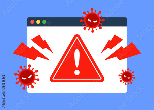 Web browser window with virus detection. Internet threat warning. Concept of malware, ransomware, hacking, or cybercrime. Dangerous website. Antivirus icon. Flat vector graphic element illustration.