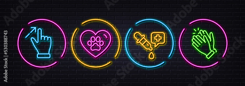 Touchscreen gesture, Chemistry pipette and Pets care minimal line icons. Neon laser 3d lights. Clapping hands icons. For web, application, printing. Swipe, Laboratory, Love animals. Clap. Vector