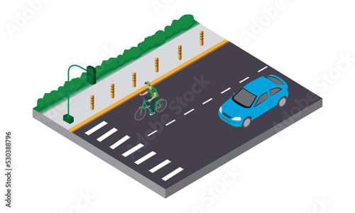 Calle isométrico, con un carro y una persona en una bicicleta, con línea peatonal y arbustos