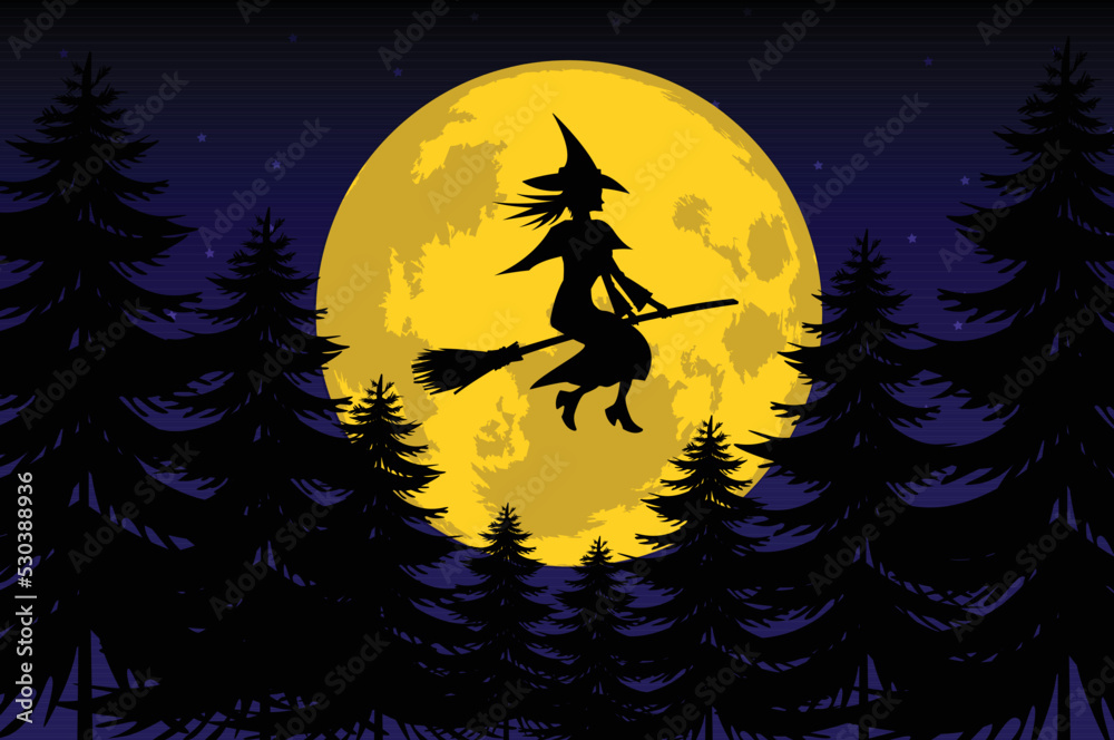 Silhouette of witch with Pine trees and Big full moon background