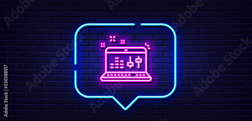 Neon light speech bubble. Sound check line icon. DJ controller sign. Musical app on laptop symbol. Neon light background. Sound check glow line. Brick wall banner. Vector