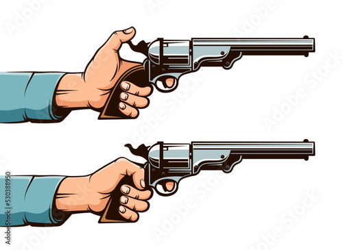 Pistol in hand. Hand with wild west gun with cocked trigger.