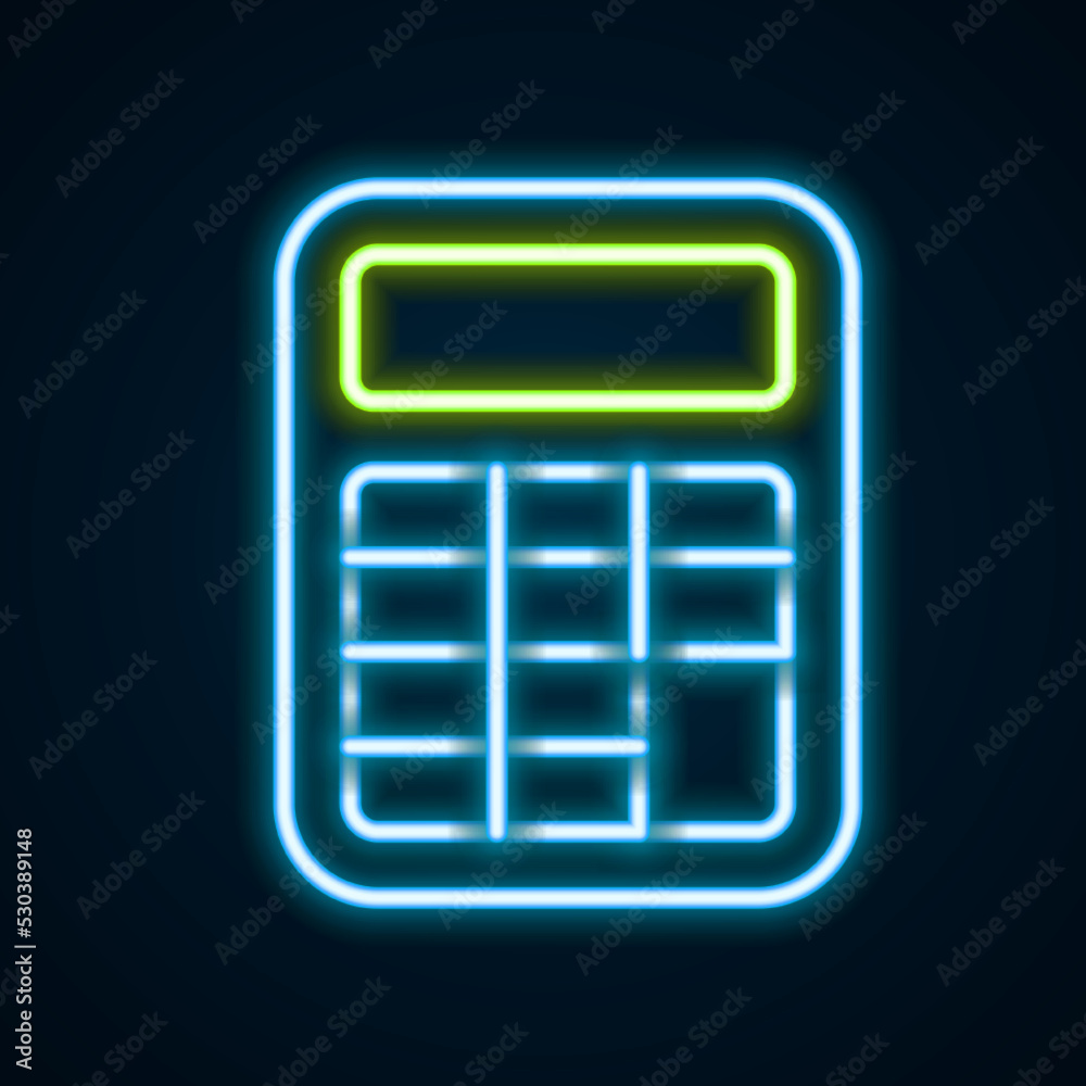 Glowing neon line Calculator icon isolated on black background. Accounting symbol. Business calculations mathematics education and finance. Colorful outline concept. Vector Glowing neon line Calculator icon isolated on black background. Accounting symbol. Business calculations mathematics education and finance. Colorful outline concept. Vector