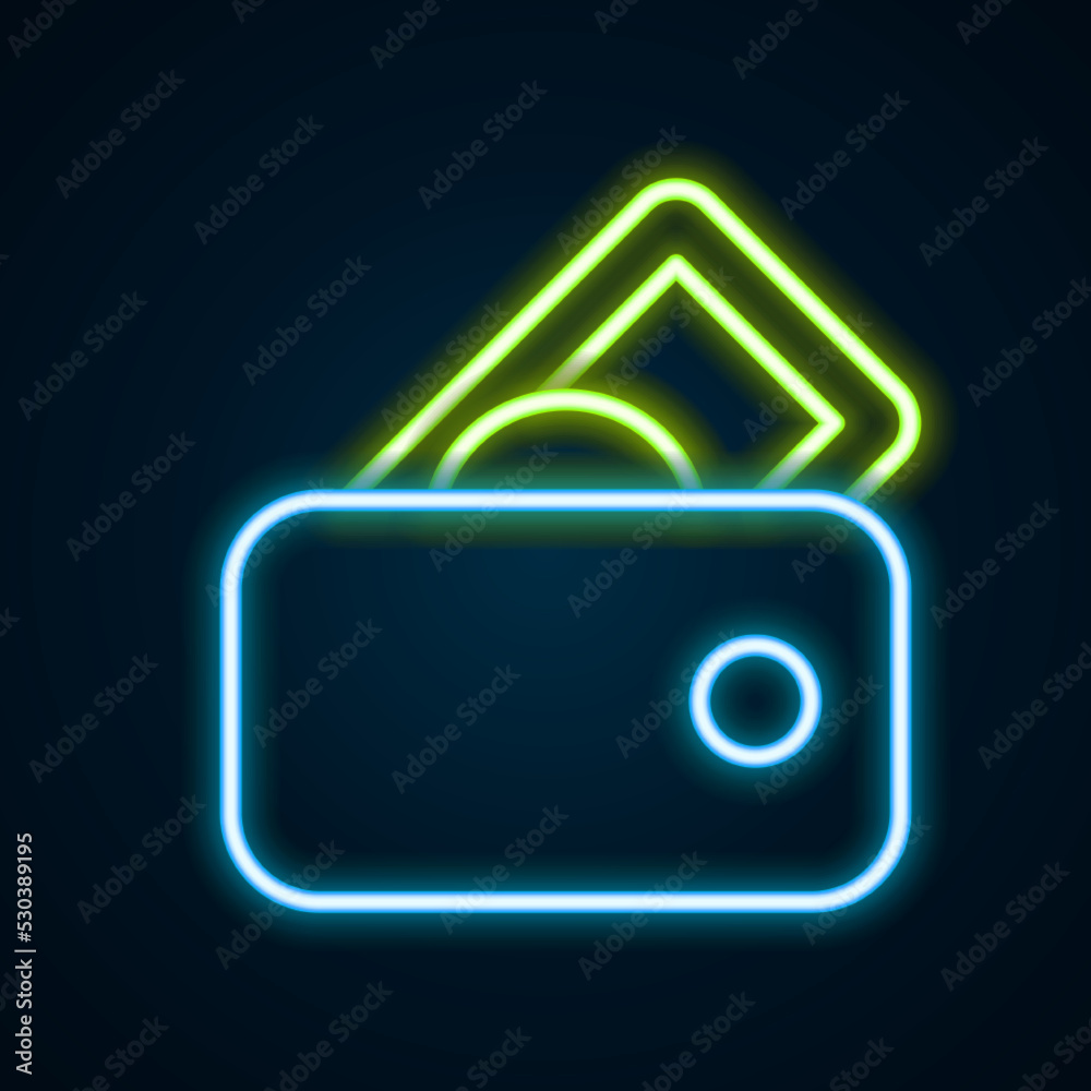 Glowing neon line Wallet with money icon isolated on black background. Purse icon. Cash savings symbol. Colorful outline concept. Vector