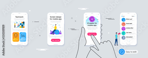 Set of Coffee cup, Card and Parking line icons. Phone ui interface. Include Idea lamp, World travel, Histogram icons. Support, Shield, E-mail web elements. For web, application. Vector