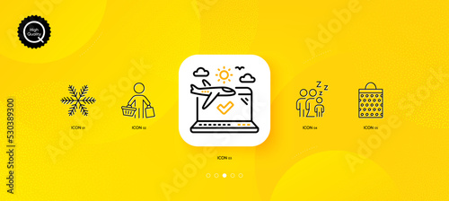 Sleep, Buyer and Shopping bag minimal line icons. Yellow abstract background. Snowflake, Airplane travel icons. For web, application, printing. Vector