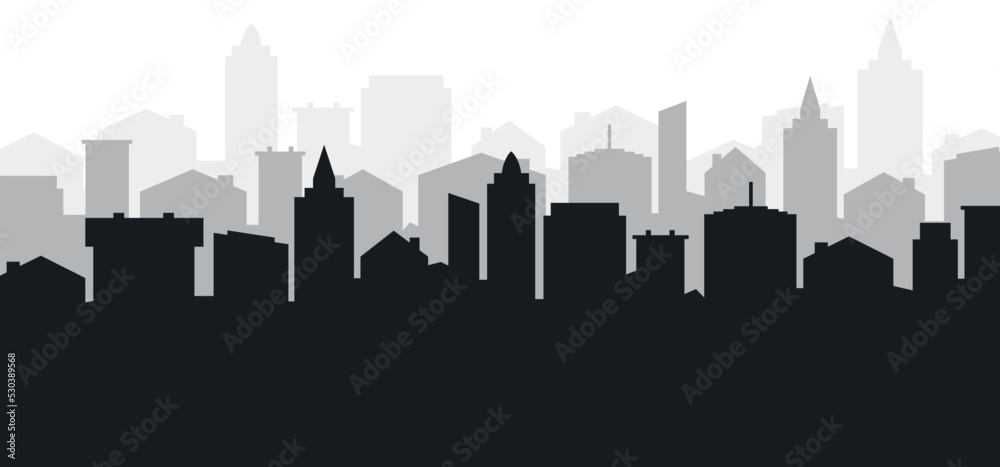 Cityscape. Cartoon urban skyline. City panorama, landscape, street, flat and office buildings. Wide horizontal panorama. Drawing silouette town view sky. Skyscrapers