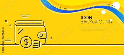 Wallet line icon. Abstract yellow background. Dollar currency coins sign. Money trade symbol. Minimal wallet line icon. Wave banner concept. Vector