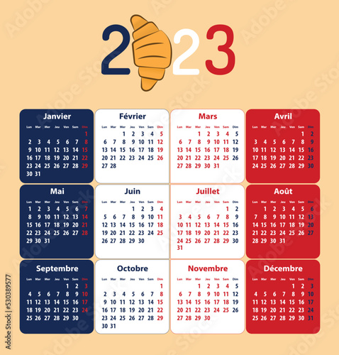 French calendar for 2023. Croissant paistry