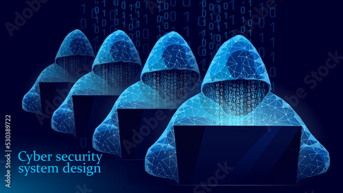 Internet security cyber attack business concept low poly. Anonymous hacker at the laptop computer blue finance danger. Server room rack polygonal point line dot geometric design vector illustration