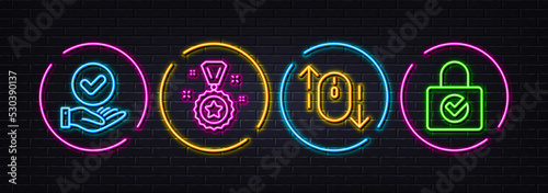 Approved checkbox, Winner reward and Scroll down minimal line icons. Neon laser 3d lights. Password encryption icons. For web, application, printing. Verification, Best award, Mouse swipe. Vector