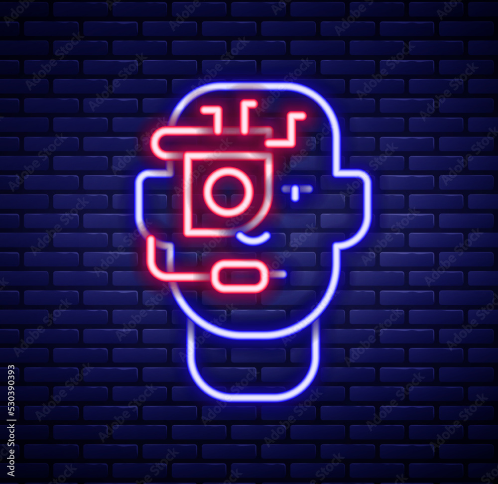 Glowing neon line Smart glasses mounted on spectacles icon isolated on brick wall background. Wearable electronics smart glasses with camera and display. Colorful outline concept. Vector Glowing neon line Smart glasses mounted on spectacles icon isolated on brick wall background. Wearable electronics smart glasses with camera and display. Colorful outline concept. Vector