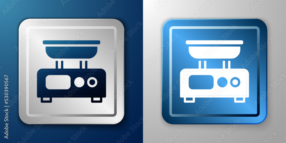 White Electronic scales icon isolated on blue and grey background. Weight measure equipment. Silver and blue square button. Vector White Electronic scales icon isolated on blue and grey background. Weight measure equipment. Silver and blue square button. Vector