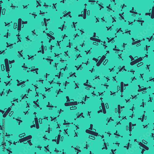 Black Fishing harpoon icon isolated seamless pattern on green background. Fishery manufacturers for catching fish under water. Diving underwater equipment. Vector
