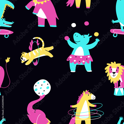 Cheerful multicolored seamless pattern with circus of animals on a dark background. Tricks of animals with circus items. Crocodile, tiger, lion, elephant, horse, hippopotamus. Flat vector.