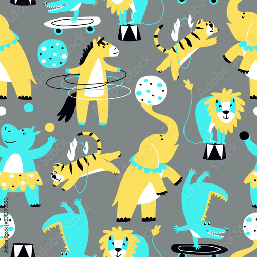 Cheerful seamless pattern with circus animals on a gray background for a boy. Animal tricks with circus items. Crocodile, tiger, lion, elephant, horse, hippopotamus. Flat vector.