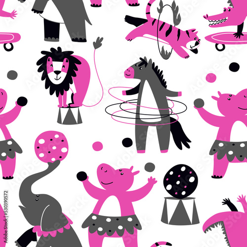 Fototapeta Naklejka Na Ścianę i Meble -  Cheerful seamless pattern with circus animals on a white background for a girl. Animal tricks with circus items. Crocodile, tiger, lion, elephant, horse, hippopotamus. Flat vector illustration.