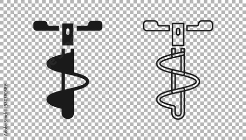 Black Hand ice drill for winter fishing icon isolated on transparent background. Vector