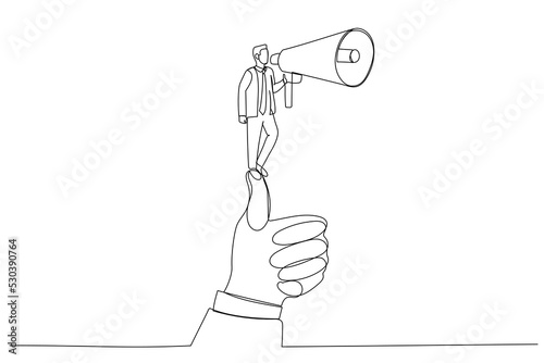 Drawing of businessman holding a megaphone standing on a huge thumb, metaphor for leader speech. Single line art style