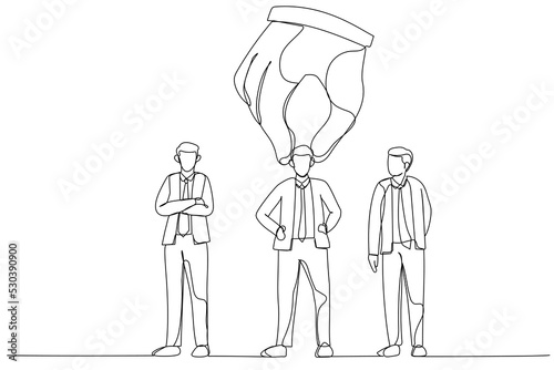 Cartoon of big hand choosing and picking up businessman. Single continuous line art style