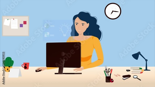 2D Motion graphics, Animation, video 2d motion graphics by vector illustration. online occupation working space  freelance young woman working on laptop or computer. photo