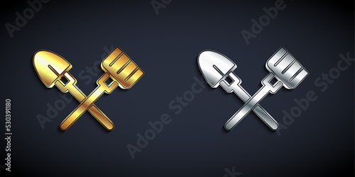 Gold and silver Shovel and rake icon isolated on black background. Tool for horticulture, agriculture, gardening, farming. Ground cultivator. Long shadow style. Vector