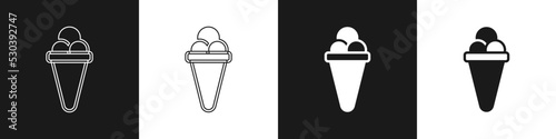 Set Ice cream in waffle cone icon isolated on black and white background. Sweet symbol. Vector