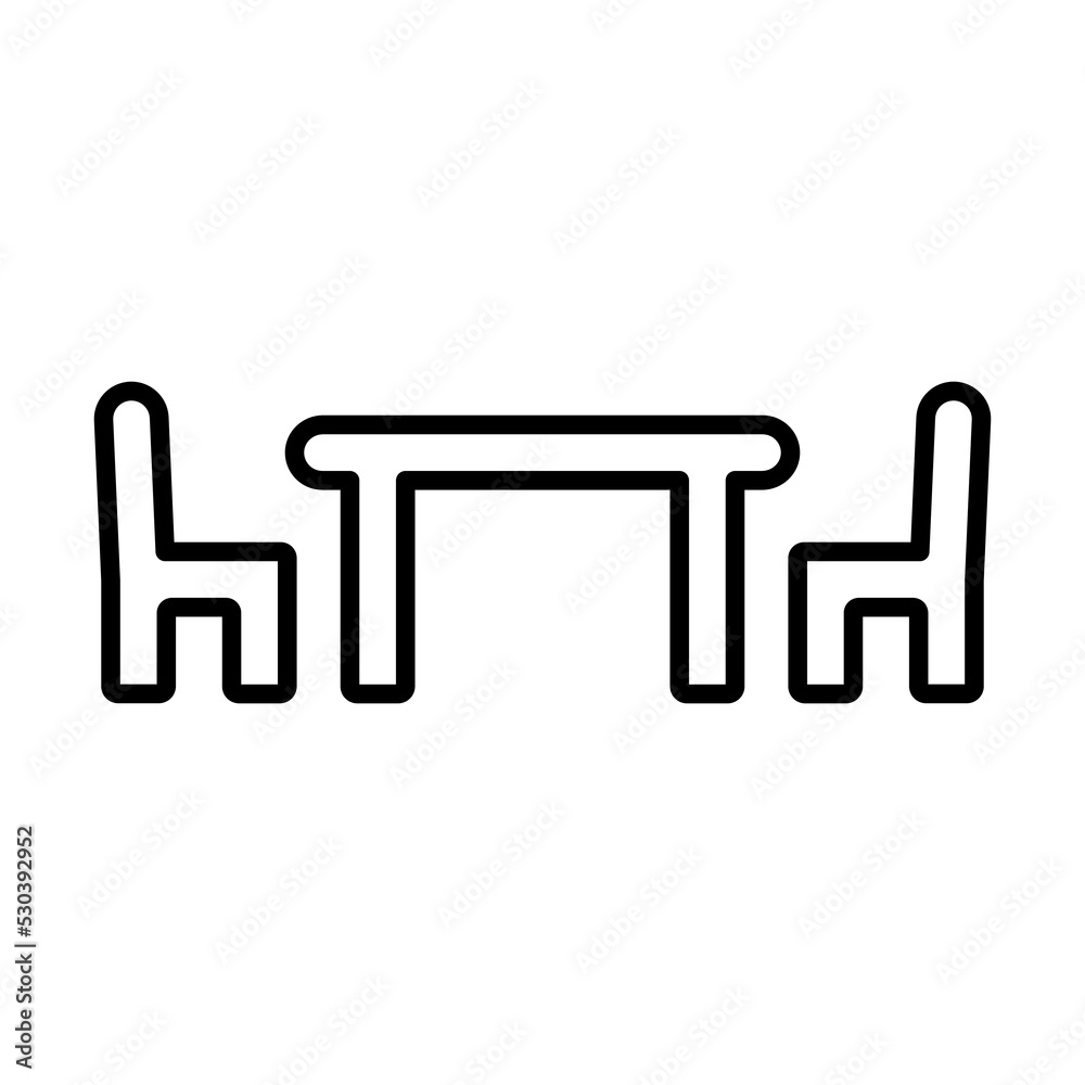Table and chairs icon. Black contour linear silhouette. Front side view. Editable strokes. Vector simple flat graphic illustration. Isolated object on a white background. Isolate. Table and chairs icon. Black contour linear silhouette. Front side view. Editable strokes. Vector simple flat graphic illustration. Isolated object on a white background. Isolate.